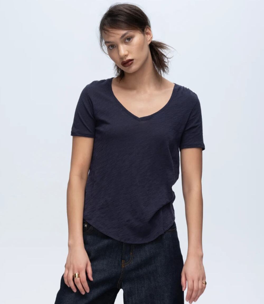 ATM Women's Navy Blue V-neck T-Shirt 100% Cotton Basic Minimalist size Small